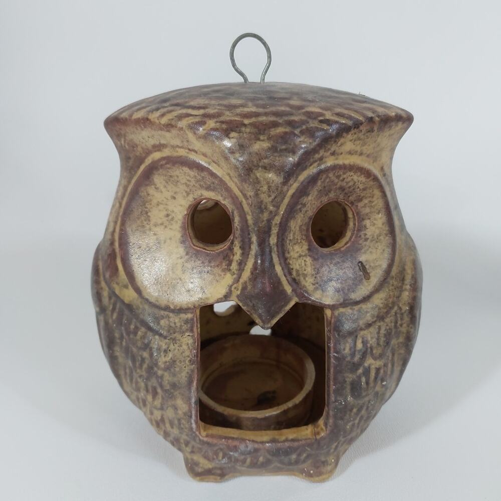 Vintage 1970s Brown Ceramic Owl‎ Hanging Tea Light Candle Holder Lantern Pottery
